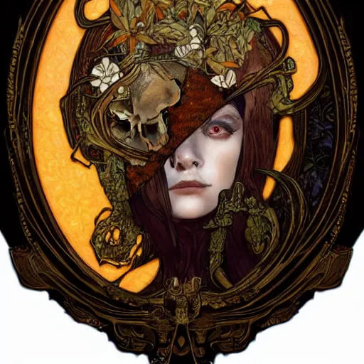 Image similar to Highly detailed ,intricate stunningly beautiful dark human ghost god broken amber in Mucha style with a skull curved ancient runs