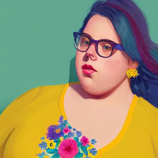 Image similar to colorful and festive cute female young plus size female todd solondz with tan skin, clear sharp female todd solondz face, wearing yellow floral blouse. fat full body, rich vivid pastel colors, ambient lighting, dynamic lighting, 4 k, atmospheric lighting, painted, intricate, highly detailed by charlie bowater