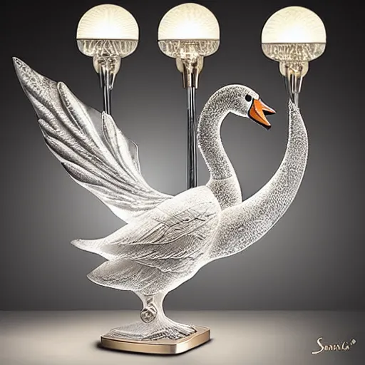 Prompt: luxury table lamp with a swan shape, intricate details, designed by swarovski, advertising photography