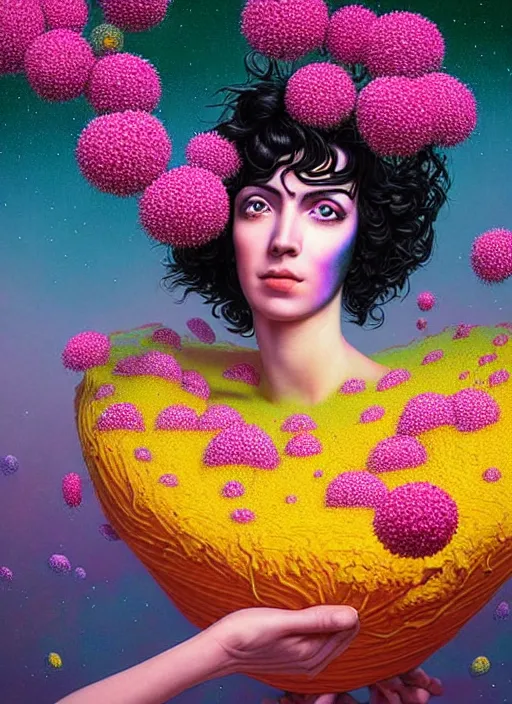 Image similar to hyper detailed 3d render like a Oil painting - Ramona Flowers with black hair in thick mascara seen Eating of the Strangling network of colorful yellowcake and aerochrome and milky Fruit and Her delicate Hands hold of gossamer polyp blossoms bring iridescent fungal flowers whose spores black the foolish stars by Jacek Yerka, Mariusz Lewandowski, Houdini algorithmic generative render, Abstract brush strokes, Masterpiece, Edward Hopper and James Gilleard, Zdzislaw Beksinski, Mark Ryden, Wolfgang Lettl, Dan Hiller, hints of Yayoi Kasuma, octane render, 8k