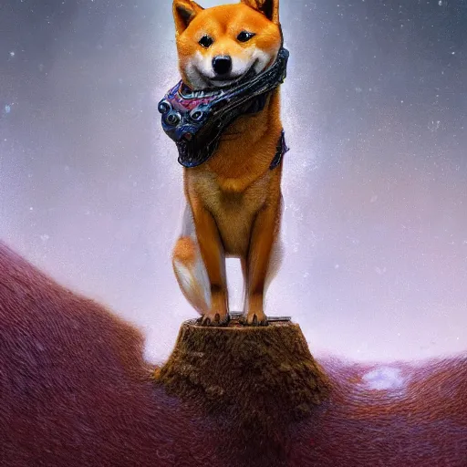 Image similar to realistic anthropomorphic shiba inu, in avalon armor set, science fiction, glowing aura, by donato giancola and greg rutkowski and wayne barlow and zdzisław beksinski, realistic face, visible face, digital art, artstation, symmetry