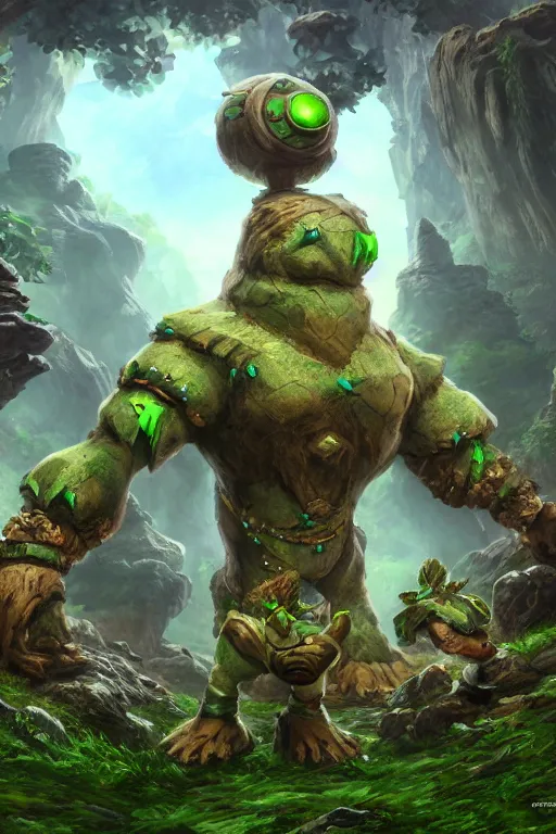 Image similar to zelda fantasy art giant golem troll wood rock greeble gemstone, global illumination ray tracing hdr fanart arstation by sung choi and eric pfeiffer and gabriel garza and casper konefal