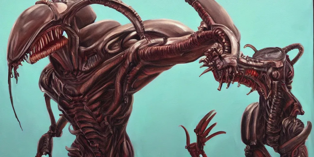 Prompt: pet xenomorph playing fetch character study oil paint on canvas