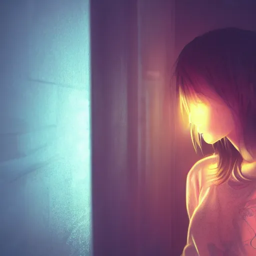 Image similar to sad girl in the corner of a dark room, highly detailed, 8 k, intricate, backlighting, sharp focus, radiant light, hyperrealism, ray tracing, depth of field, yihao ren, capcom, very detailed backgrounds, soft neon lighting