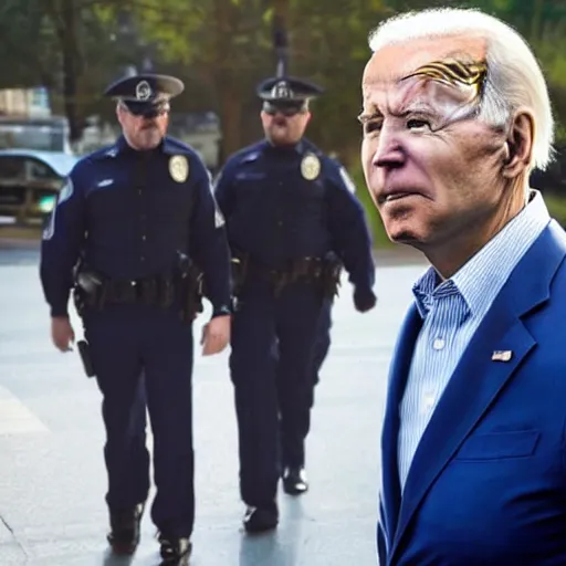 Image similar to biden arrested by himself dressed as a cop, realistic photography