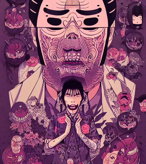 Image similar to portrait, nightmare anomalies, leaves with yakuza by miyazaki, violet and pink and white palette, illustration, kenneth blom, mental alchemy, james jean, pablo amaringo, naudline pierre, contemporary art, hyper detailed