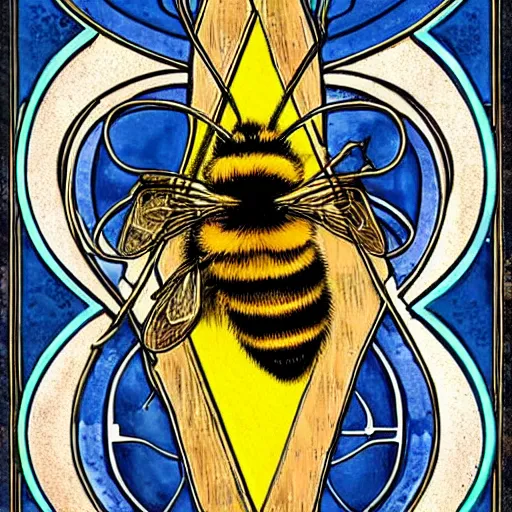 Image similar to a fierce dead bumblebee in the middle of a bloody bullseye at the center of the crosshairs of a gun, art nouveau, fantasy illustration, tarot