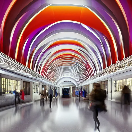 Prompt: elaborate and beautiful train station hall filled with travelers, designed by zaha hadid, bold colored walls, tall ceilings, large windows, lots of bold colors, unique architecture, sunbeams, concept art, illustration, detailed 8k