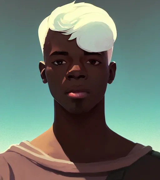 Prompt: portrait of a young man, raised on the island, dark skin, white hair, face tatooes by atey ghailan, by greg rutkowski, by greg tocchini, by james gilleard, by joe fenton, by kaethe butcher, dynamic lighting, gradient light blue, brown, blonde cream and white color scheme, grunge aesthetic