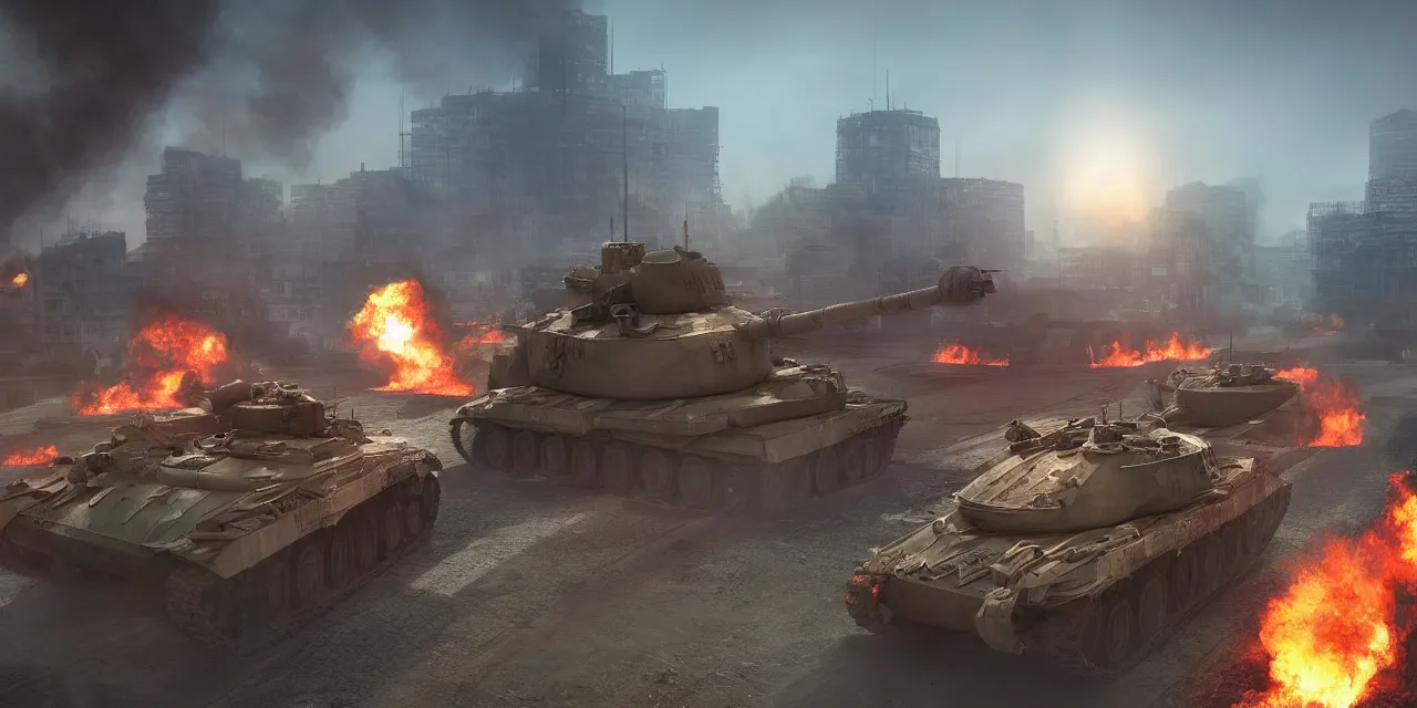 Image similar to tanks burning city, army, china, winnie the pooh, communist flag, volumetric lighting, unreal engine, realistic