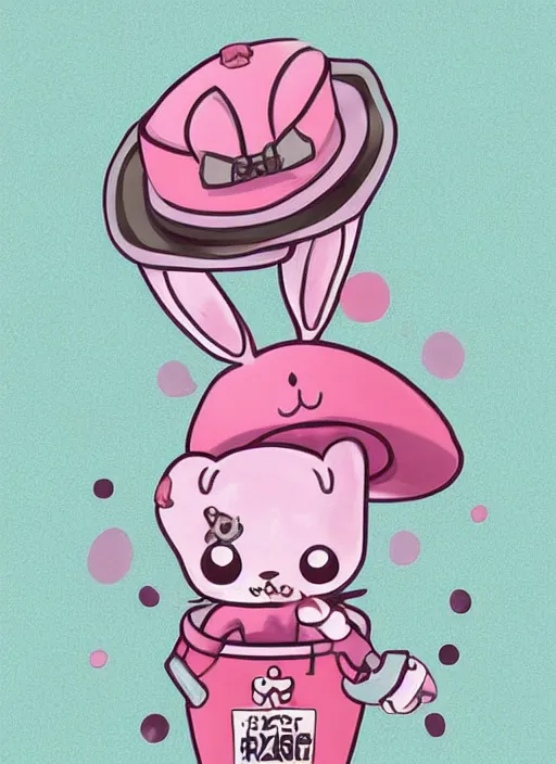 Image similar to amazingly detailed semirealism, anthropomorphic pink rabbit character wearing a black bucket hat. Cute, kawaii, Cooky, bt21, Sanrio inspired. Beautiful artwork, Rabbt_character, rabbit_bunny, 獣, iconic character splash art, Detailed fur, detailed textures, 4K high resolution quality artstyle by WLOP, Aztodio, artgerm, James jean, Guweiz, Pixiv, Instagram, dribbble, ArtstationHD