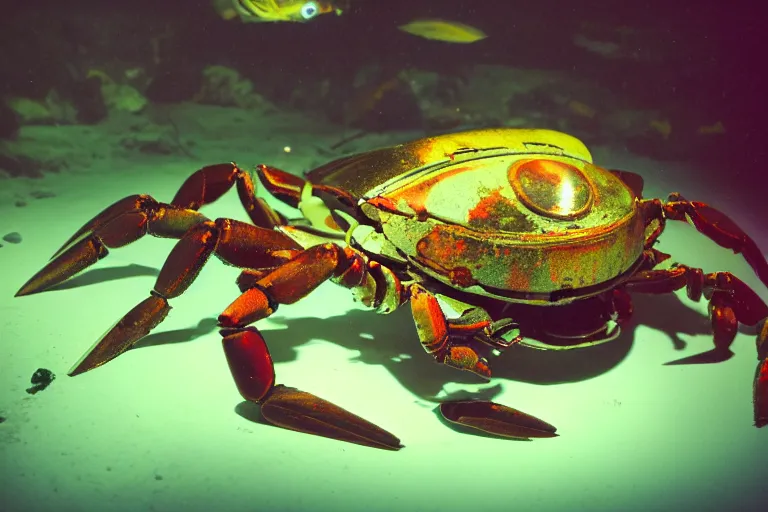 Image similar to robot cute cyborg - crab underwater, in 2 0 1 2, bathed in the the glow of a crt television, crabcore, low - light photograph, photography by tyler mitchell