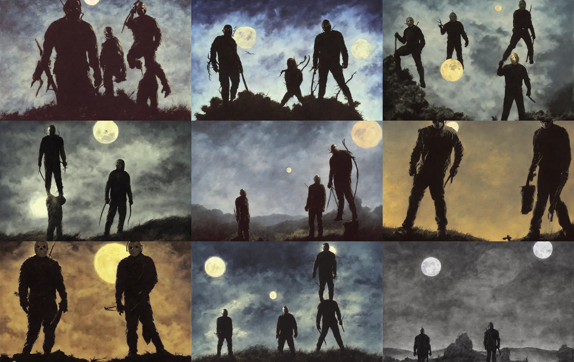 Image similar to close portrait, jason voorhees standing on a hill, powerful pose, scary, horror, giant moon, dramatic sky, shadows on side, cinematic, side light, backlighting, oil painting by frazetta