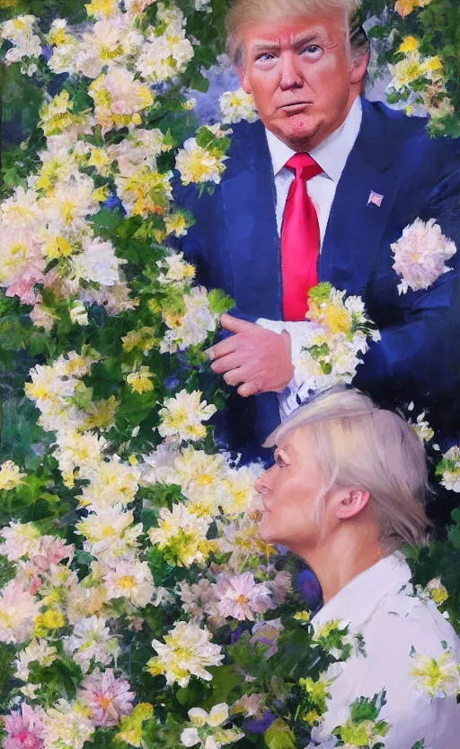 Prompt: romantic portrait of donald trump in an elegant dress surrounded by beautiful flowers, by gregory manchess, james gurney, james jean, realistic, photo, 8 k