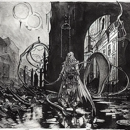 Image similar to the alchemical art of etching by master anders zorn. a lovecraftian horror destroying a city. ink highly detailed lines