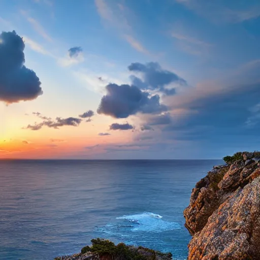 Image similar to Panoramic sunset from a rocky cliff above the ocean with huge curly cotton candy clouds digital art