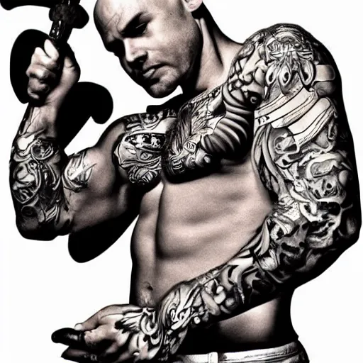 Image similar to muscular bald man, tattooed body, sword in hands, HD, anime style,