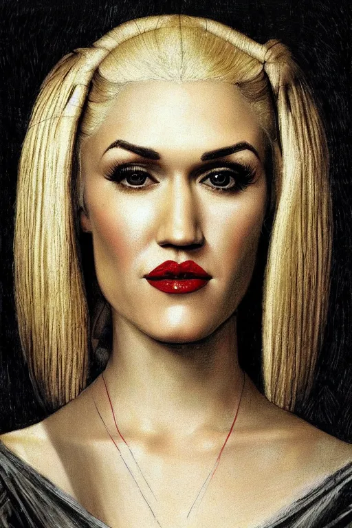 Prompt: a portrait of gwen stefani in the style of leonardo da vinci drawing,, single head, no double head,