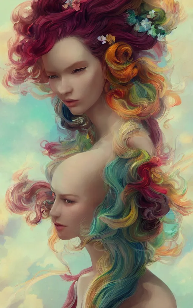 Image similar to a colorful and provenance illustrations painting of the fantasy female who with floral wing, highly detailed, her hair made of hair made of air wind and curling smoke, mist, dust, genie, spirit fantasy concept art, art by charlie bowater and ketner, jeremiah, trending on artstation.