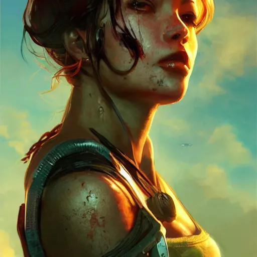 Image similar to fallout 5 miami, charismatic beautiful rugged brunette female protagonist, portrait, outdoors tropical cityscape, atmospheric lighting, painted, intricate, volumetric lighting, beautiful, daytime, sunny weather, few clouds, sharp focus, deep colours, ultra detailed, art by krenz cushart and wenjun lin