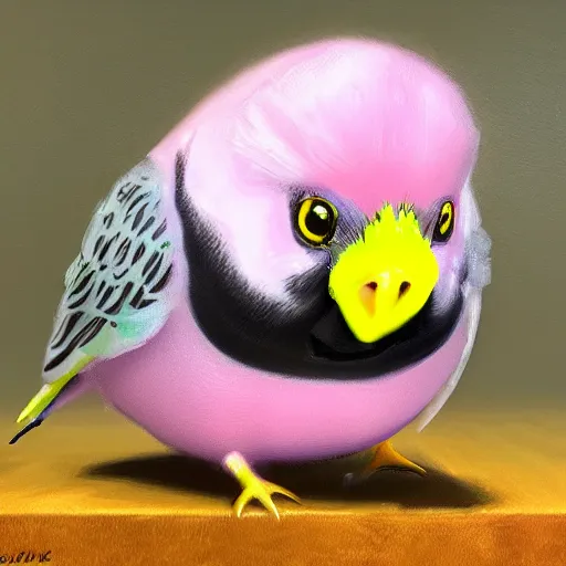 Image similar to an oil painting of a piggie pink budgie with black spots, full hd, ue5, ue4, unreal engine 5, artstation