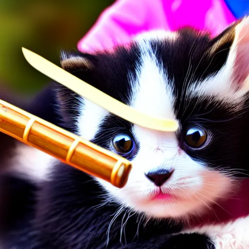 Image similar to kids drawning of a cute kitten with panda body and cat face, in a kimono, holds a sword, by a six years old 4 k