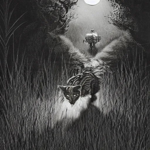 Prompt: tabby cat running through a grass meadow chasing mosquitoe dramatic lighting landscape widescreen “ gray ’ s anatomy ” “ bernie wrightson ” horror 1 0 2 4 x 1 0 2 4