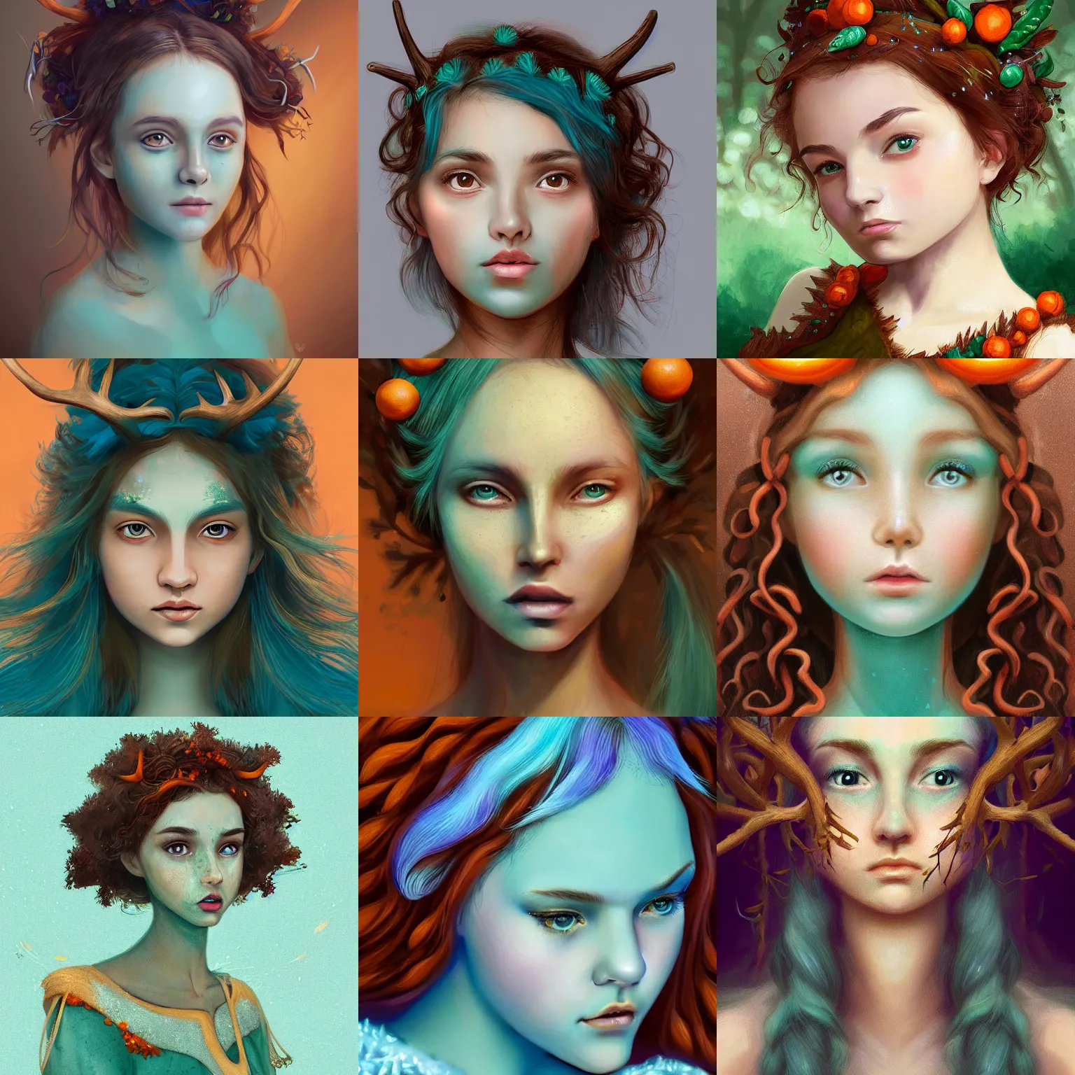 Prompt: A beautiful digital painting of a young woman with a round face and teal skin. She has antlers made from wood on her head and brown curly hair with orange oak leaves. She wears a green dress. D&D, fantasy, intricate, beautiful eyes, cinematic lighting, highly detailed, digital painting, Artstation, concept art, smooth, sharp focus, illustration, art by Artgerm and Greg Rutkowski and Alphonse Mucha
