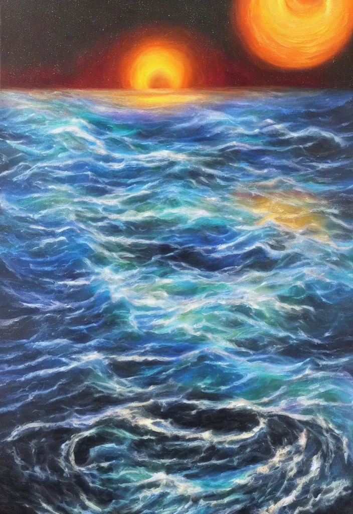 Image similar to the black door opened to the cosmos on a silver beach opening to reveal the cosmos, award winning oil painting, iridescent shimmer