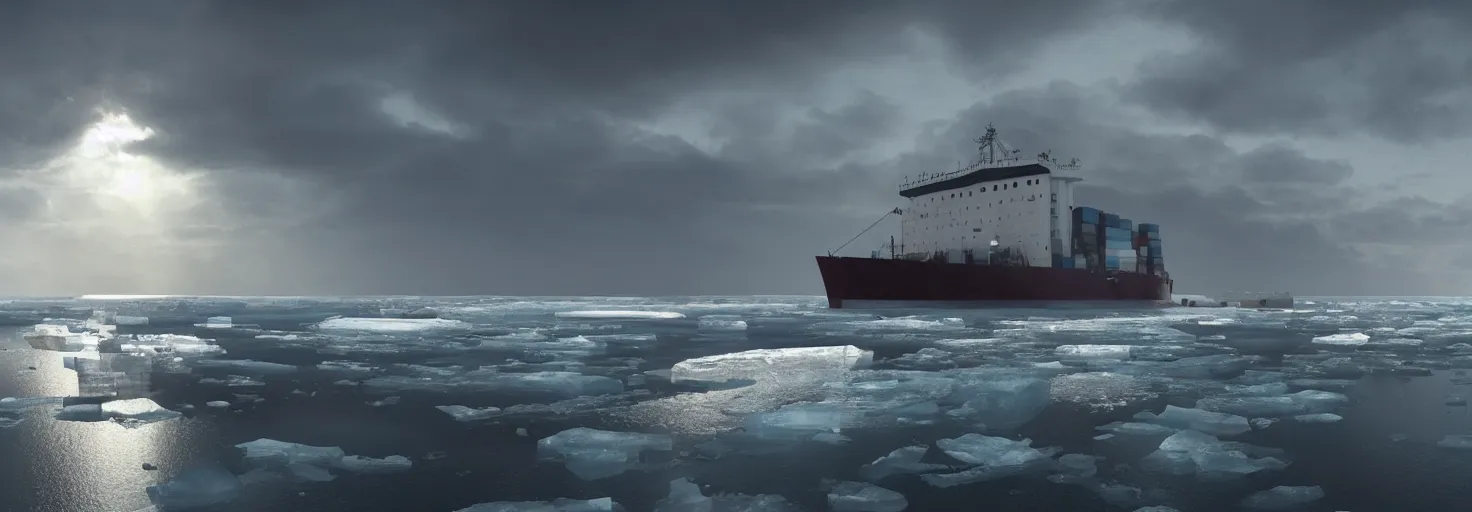 Prompt: a large cargo ship on the ocean Arctic, with the ice cracking and icebergs surrounding it by paul chadeisson, cinematic lighting, extremely detailed, ultra realistic, trending on artstation, 8K