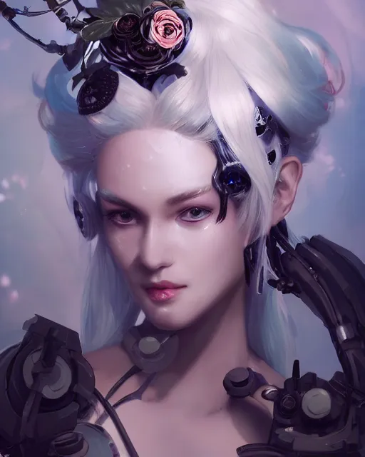 Prompt: cyborg girl with white hair and black skirt, flower decorations, priestess, dreamy, beautiful illustration, scifi, atmosphere, top lighting, blue eyes, focused, perfect composition, artstation, highly detailed, art by yuhong ding and chengwei pan and serafleur and ina wong