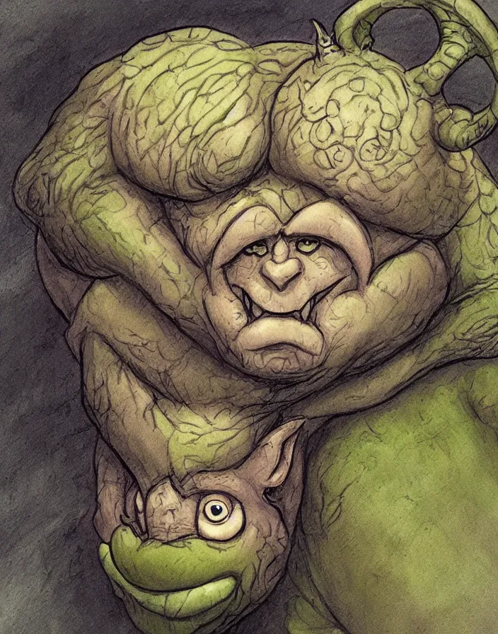 Image similar to cute little ogre, in the style of Tony Diterlizzi and Brian Froud, painterly