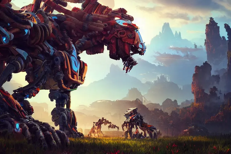 Image similar to thunderjaw machine mecanical creature robot of horizon forbidden west horizon zero dawn radiating a glowing aura global illumination ray tracing hdr fanart arstation by ian pesty and alena aenami artworks in 4 k