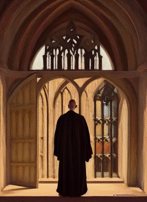 Image similar to symmetry!! oil painting of a tonsured dominican monk in brown robes, looking out of a monastery window contemplatively, a majestic cathedral in the background, digital art, artstation, cinematic, golden hour, digital art painting by greg rutkowski