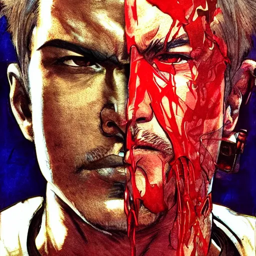 Prompt: portrait of a hero holding his gun in front of his face by yoji shinkawa, high quality, extra details, realism, ornate, colored, golden chain, blood, white skin, short hair, brown eyes, vivid, sunlight, dynamic, american man, freedom, white american soldier, painting