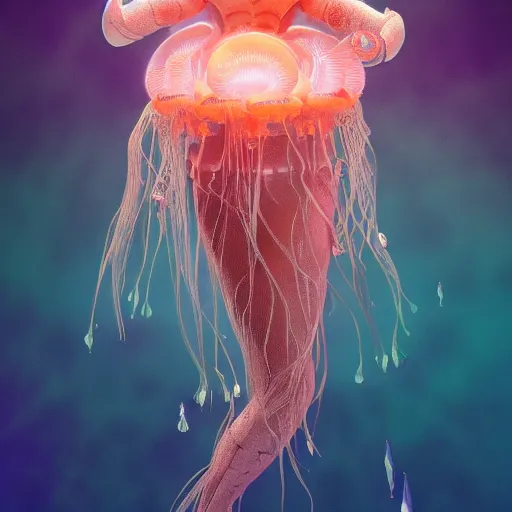 Image similar to Full body photo of the most beautiful goddess, she has a jellyfish octopus head's, by Tooth Wu, trending on Artstation, digital art, symmetrical artwork, cinematic, hyper realism, high detail, octane render, 4k, 8k