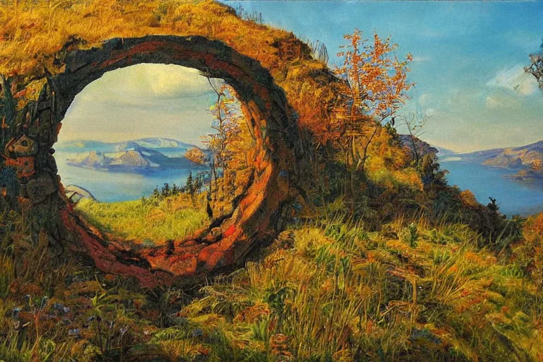 Prompt: masterpiece painting of magic portal on a hillside overlooking a creek, by peter alexander hay peter bagge peter basch peter benjamin graham peter birmann peter blume peter brandes peter brook peter churcher peter doig peter elson peter fiore peter gric peter helck