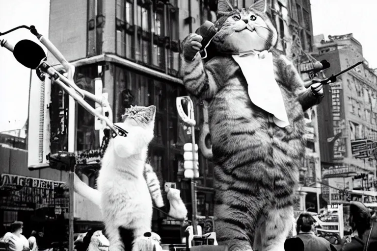 Image similar to giant cat singing into a microphone on broadway stage, candid photograph by slim aarons