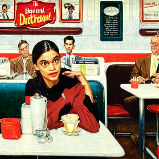 Image similar to Alexandria Ocasio-Cortez in a diner, by Norman Rockwell