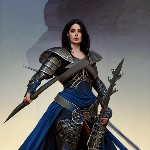 Prompt: Ashley Greene with dark blue hair as Joan of Arc wearing metal armor, western, D&D, fantasy, intricate, elegant, highly detailed, digital painting, artstation, concept art, matte, sharp focus, illustration, art by Artgerm and Greg Rutkowski and Alphonse Mucha