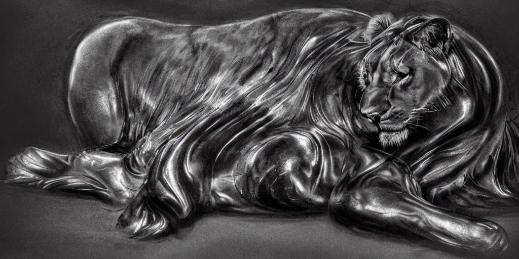 Prompt: a black lioness, made of ferrofluid, viscous, sticky, full of ferrofluid, laying on the white couch, covered with black goo. photography, dslr, realism, animal drawing, color, rim - light, wrinkles, reflections, wildlife photography, ferrofluid