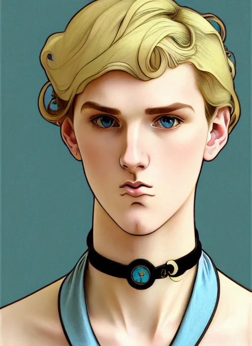 Image similar to art nouveau portrait of a pretty young man with short blond hair, light blue eyes, sad expression, scared, head down, shy and demure, wearing a choker collar, natural lighting, path traced, highly detailed, high quality, cartoon, digital painting, by don bluth and ross tran and studio ghibli and alphonse mucha