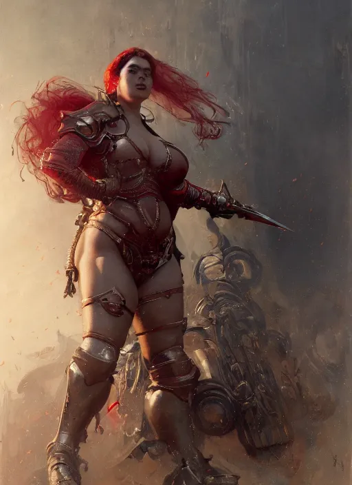 Prompt: beautiful klaudia kelly bbw plumper big girl wearing tiny red steel armour, detailed by gaston bussiere, bayard wu, greg rutkowski, giger, maxim verehin, greg rutkowski, masterpiece, sharp focus, cinematic lightning