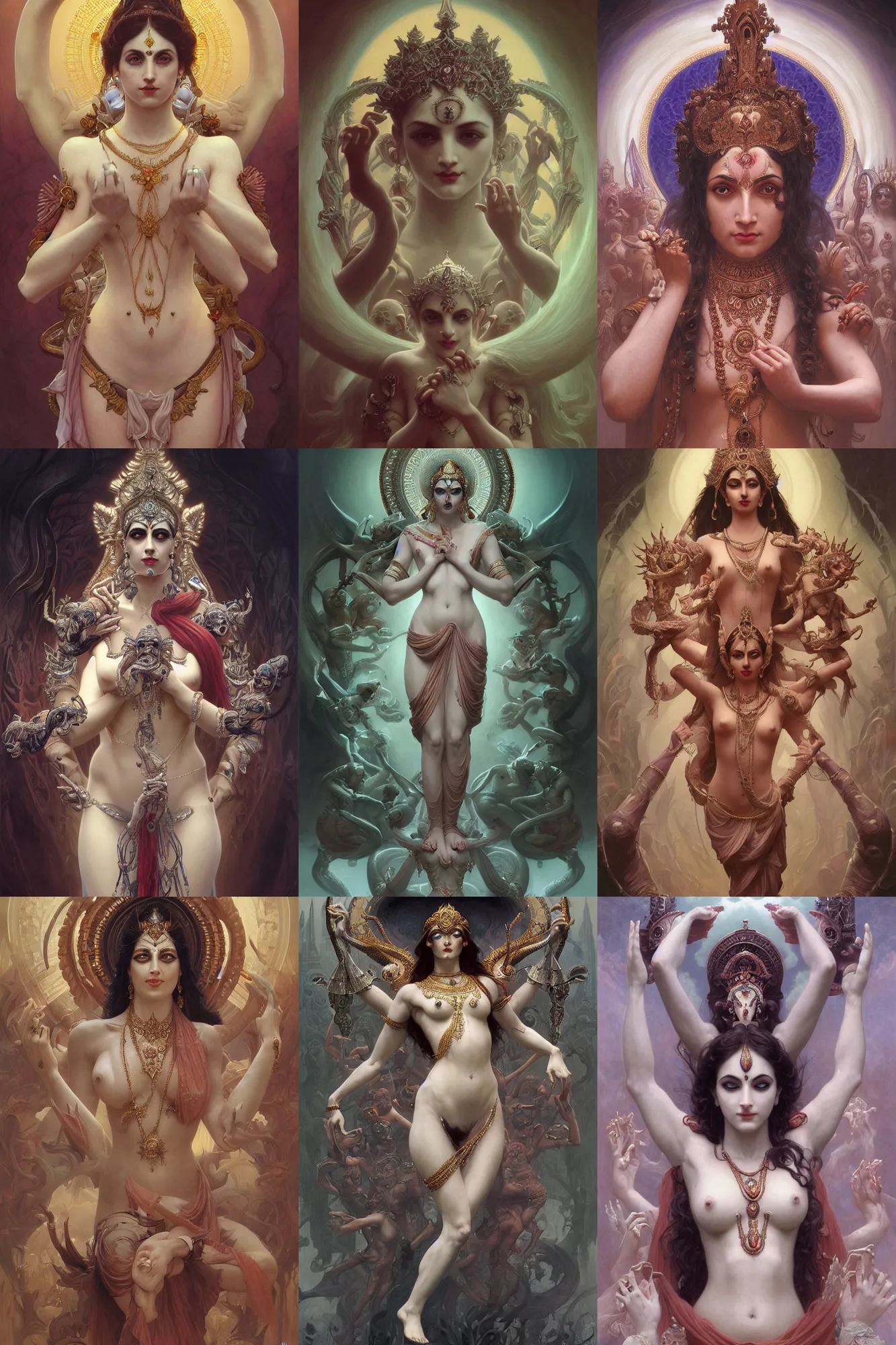 Prompt: beautiful pale Kali goddess multi arms, dark fantasy, cinematic lighting, intricate, elegant, highly detailed, digital painting, artstation, smooth, sharp focus, illustration, art by artgerm and greg rutkowski and zdislav beksinski and alphonse mucha and Wayne Barlowe and william-adolphe bouguereau