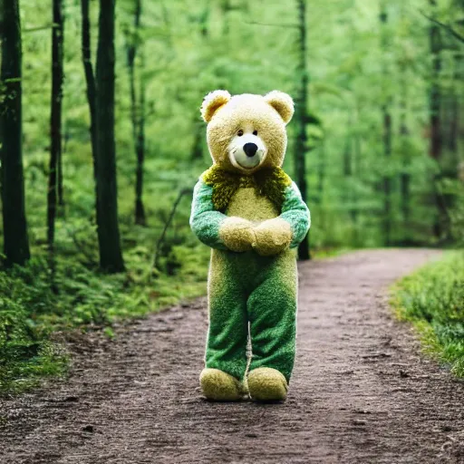 Prompt: a photo of a cute and happy teddy bear, with green pants and yellow jacket, enjoying a stroll in the forest, telephoto, 5d mk2