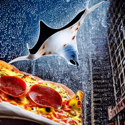 Prompt: a manta ray made of pizza flies over downtown trailing pizza sauce rain, photo, detailed, 4k