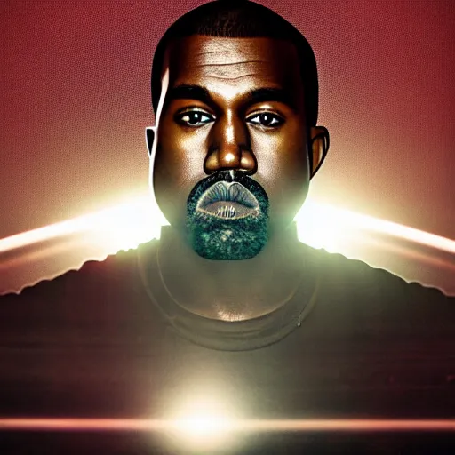 Image similar to Portrait of Kanye West as a god, splash art, cinematic lighting, dramatic, octane render, long lens, shallow depth of field, bokeh, anamorphic lens flare, 8k, hyper detailed, 35mm film grain