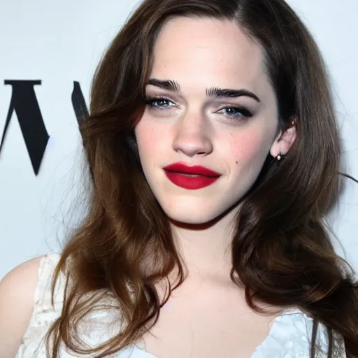 Image similar to a woman who is a genetic combination of kat dennings and emma watson face and upper - body focus