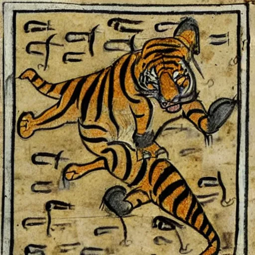 Image similar to bad drawn tiger of fire with many legs flying in a medieval manuscript, medieval manuscript, golden miniatures