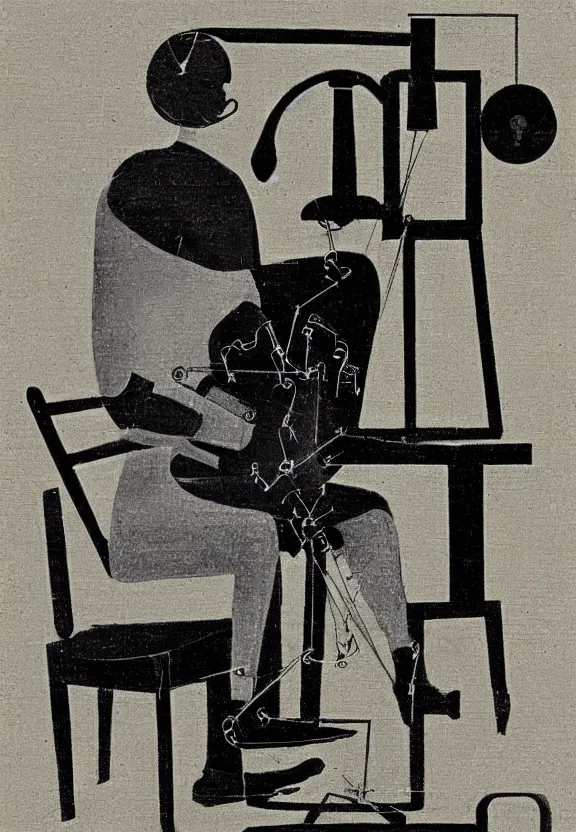 Image similar to a concept drawing of marcel duchamp holding up a chess - piece wire - machine, a surrealist painting by marcel duchamp, complex artificial - intelligence machinery, minimal sketch flow - chart, academic art, 1 9 2 0 s